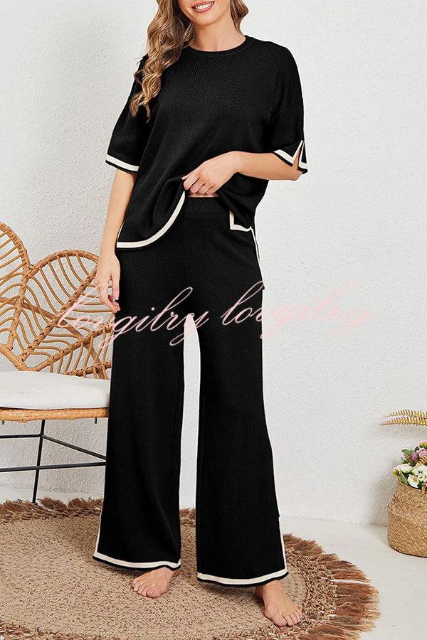 Lounge or Casual Wear Knit Patchwork Color Block Short Sleeve Top and Elastic Wide Leg Pants