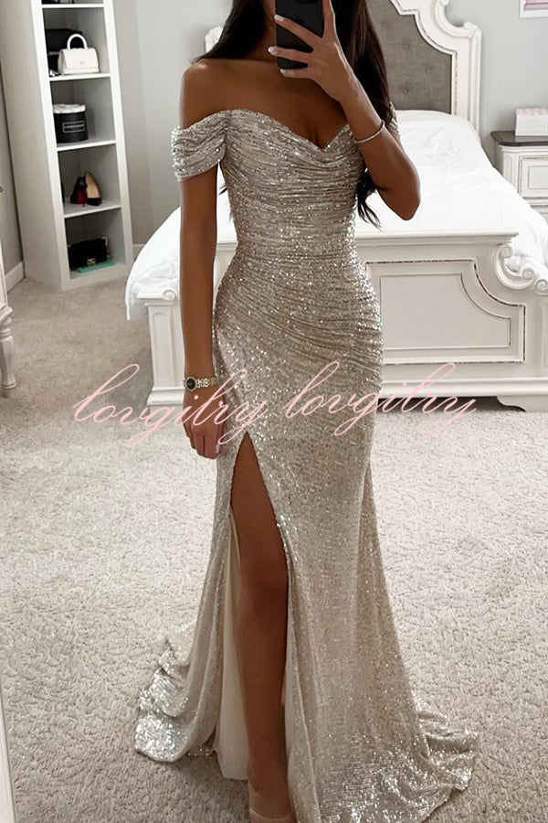 Diamond World Sequin Off Shoulder Ruched Slit Evening Maxi Dress