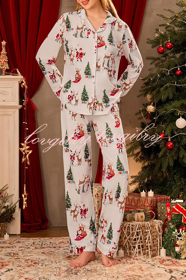 Christmas Holiday Print Long Sleeve Pocket Top and Elastic Waist Loose Pants Set