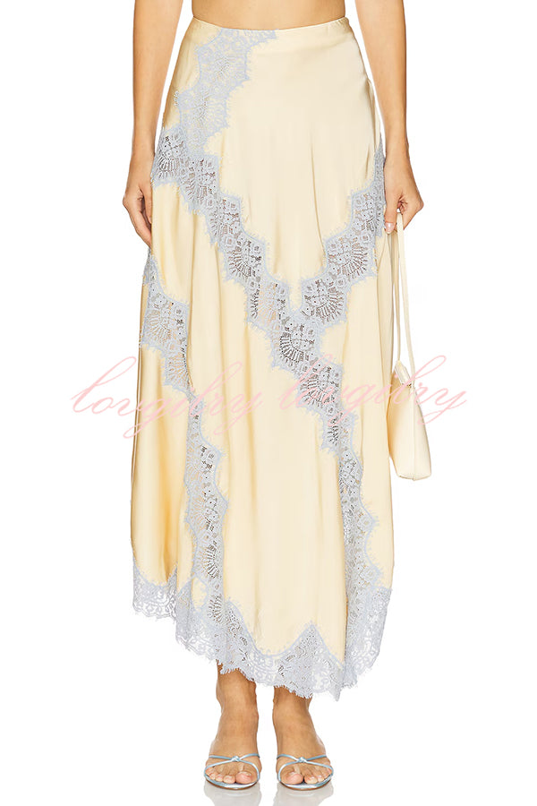 Wine Tasting Contrast Color Satin Lace Trim Irregular Hem Drape Midi Skirt