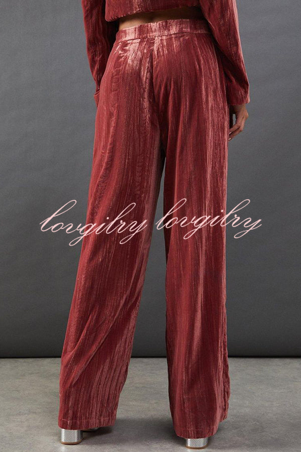 Solid Color Velvet Long-sleeved Waist Tie Top and Elastic Waist Casual Pocket Straight-leg Pants Set