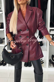 Fashionable Items Faux Leather Button Up Elastic Waistband Lapel Blazer