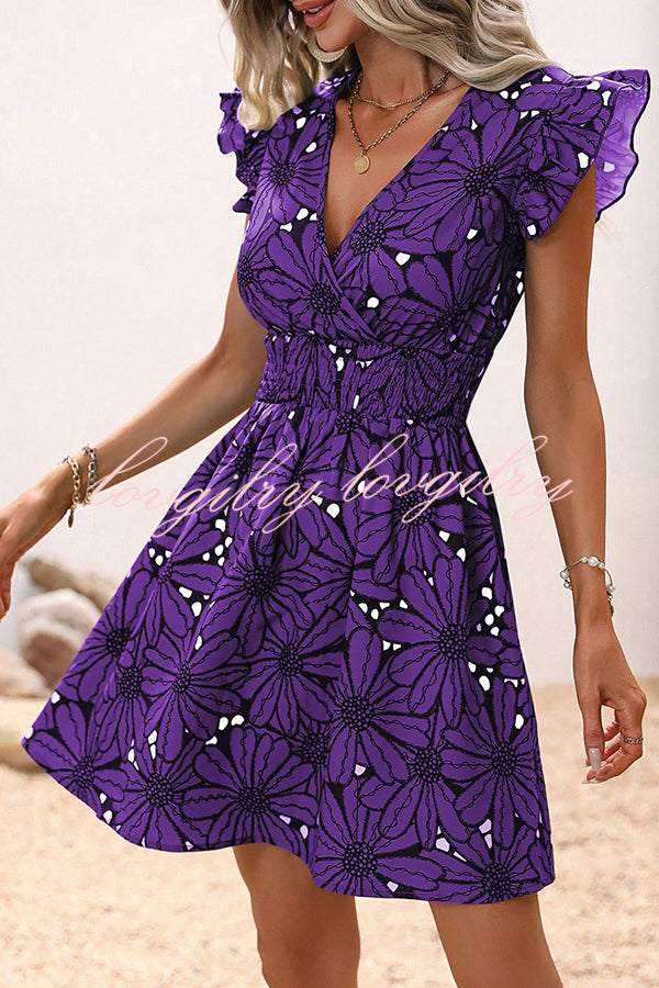 Wonderful Weekend Floral Print Ruffle Sleeve Elastic Waist Mini Dress