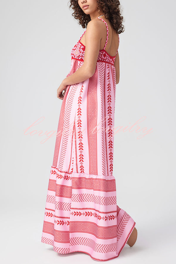 Unique Printed Patchwork Fringed Lace-up Maxi Dress