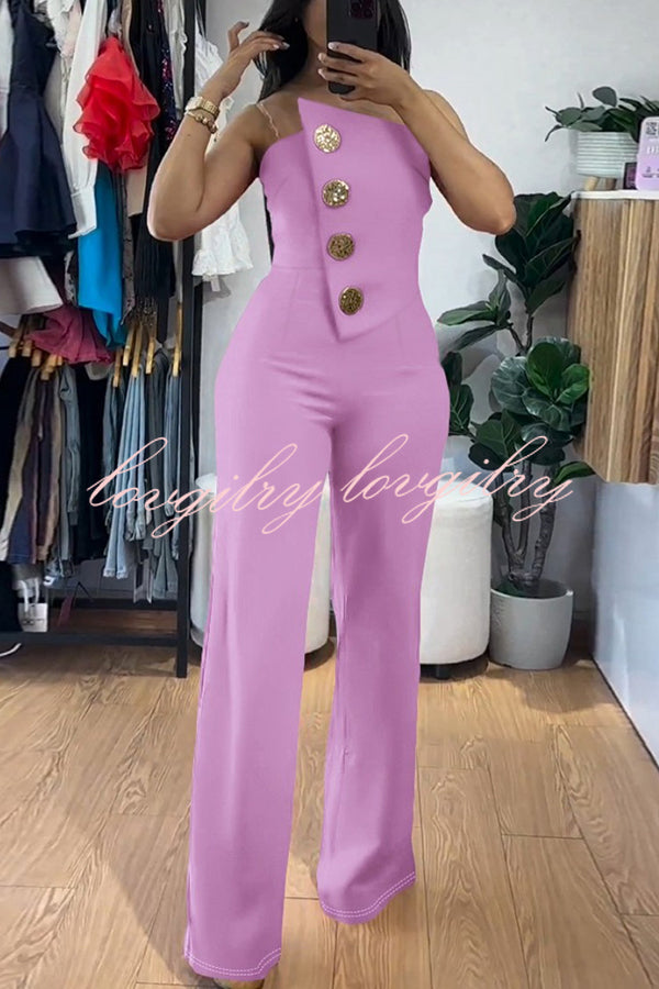 Solid Color Sexy Tube Top Gold Button Embellished Bootcut Jumpsuit