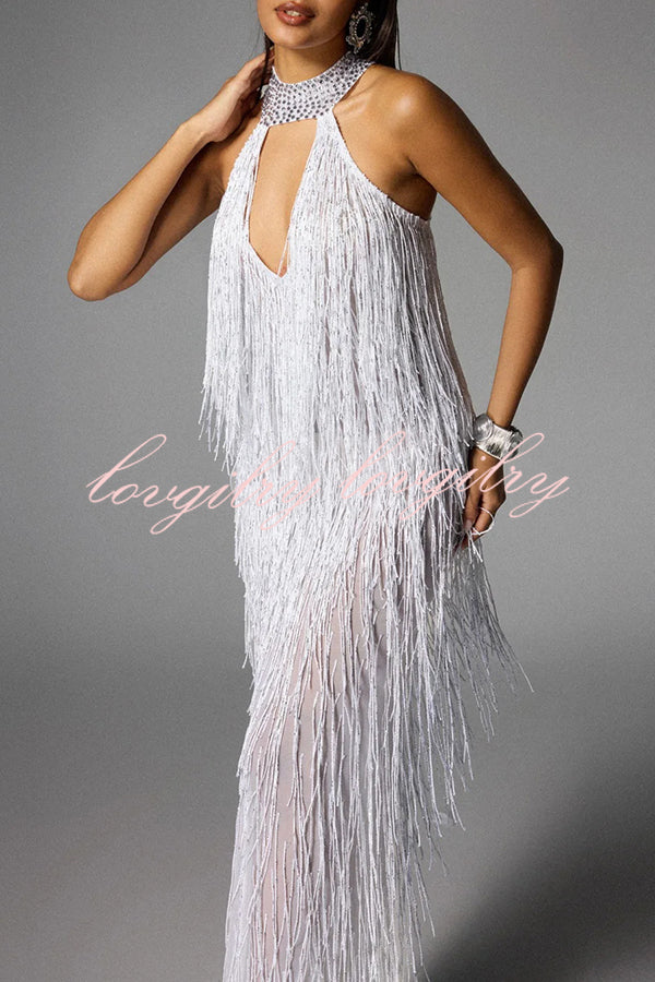 Glimmer Hour Shiny Layered Tassels Halter Cutout Neck Split Maxi Dress