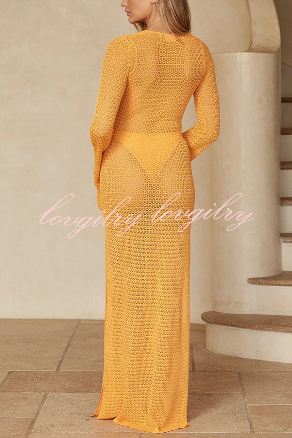 Seaside Goddess Crochet Knit Hollow Out Golden Ring Long Sleeve Cover-up Maxi Dress