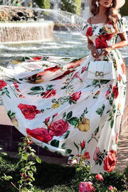 Glamorous Rose Print Patchwork Pleated High Waisted Maxi Dress