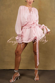 Solid Color Long Sleeve V-Neck Lace-Up Elegant Flower Decorated Mini Dress