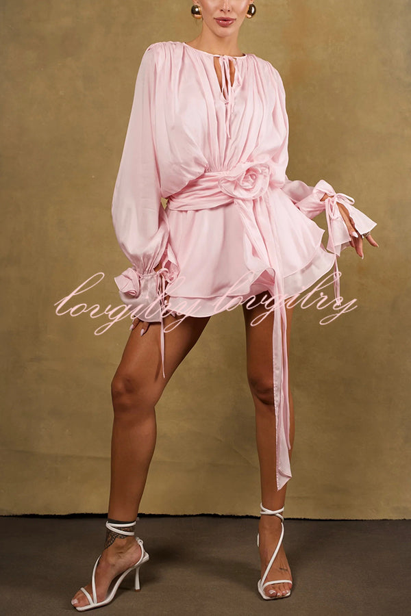 Solid Color Long Sleeve V-Neck Lace-Up Elegant Flower Decorated Mini Dress
