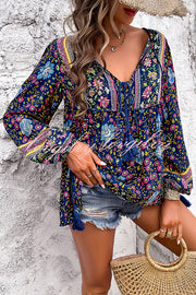 Intricate Floral Print V Neck Lace Up Paneled Long Sleeve Shirt