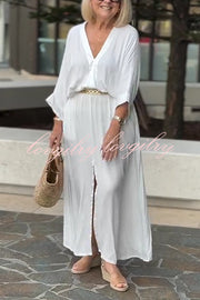 Solid Color V-Neck Casual Loose Pocket Slit Maxi Dress