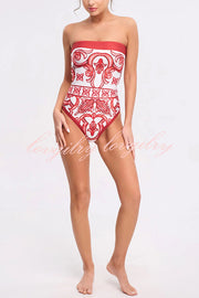 Summer Lovin Unique Royal Print Strapless One Piece Stretch Swimsuit and Pareo