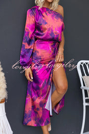 Winona Satin Floral Print One Shoulder Balloon Sleeve Tie-up Maxi Dress