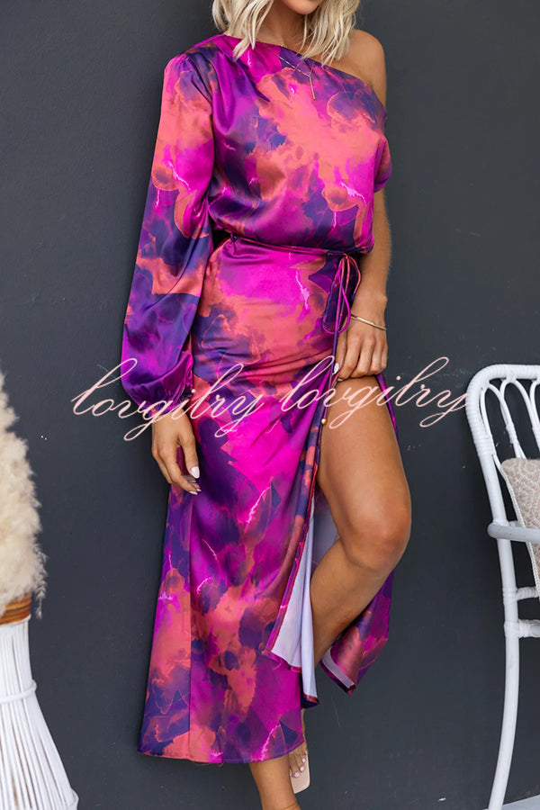 Winona Satin Floral Print One Shoulder Balloon Sleeve Tie-up Maxi Dress