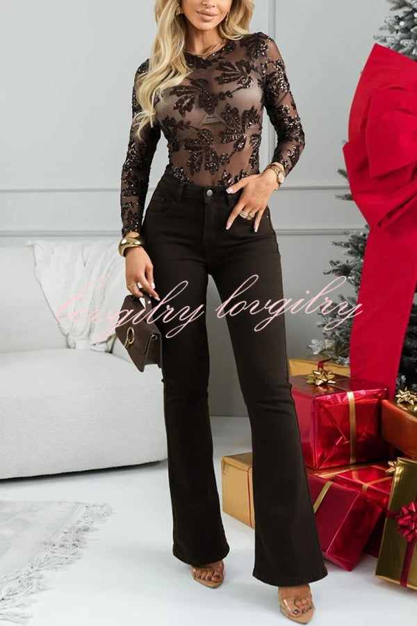 Dazzling and Sparkle Mesh Floral Sequin Long Sleeve Stretch Bodysuit