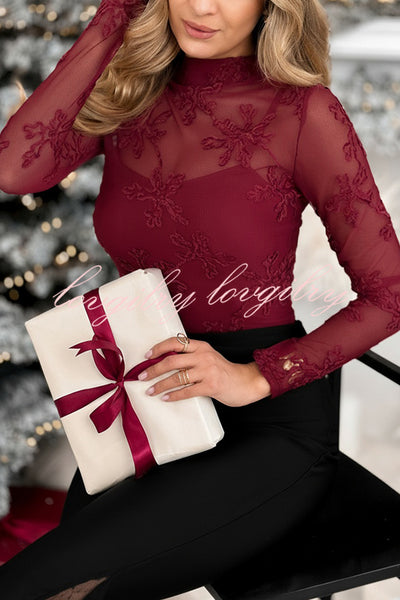 Must-have for Date Mesh Embroidery High Neck Long Sleeve Stretch Top