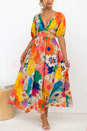 Floral Frenzy Printed Puff Sleeve Back Smocked Maxi Dress