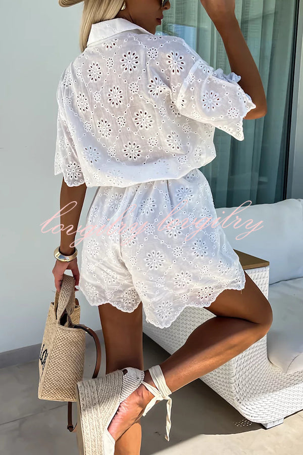 Elegant and Chic Embroidered Lace Flowers Button Up Belted Loose Shirt Romper