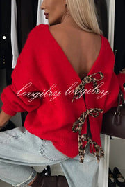 Fashionable Charm Knit Back Leopard Print Bow Tie-up Relaxed Sweater