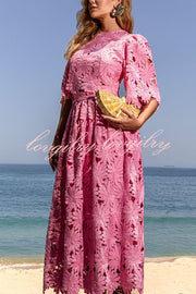 Elegant Embroidered Hollow Flowers Bell Sleeve Top and Full Hem Maxi Skirt Set