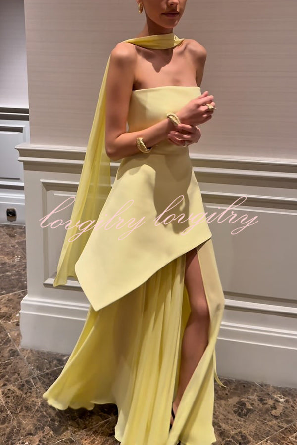Monaco Off Shoulder Structured Top Chiffon Slit Hem Scarf Maxi Dress