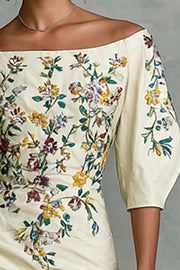 Floral Print Off-shoulder Puff Sleeve Fitted Midi Dress