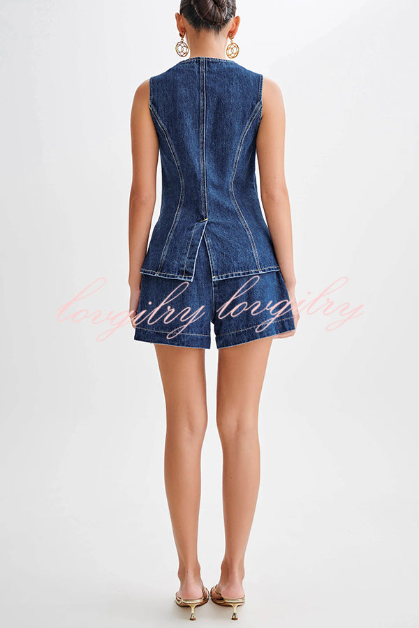 Abel Denim Button Up Seams Pocket Vest Top