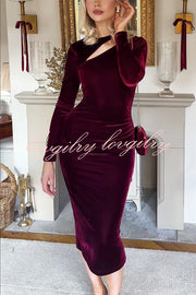 Perfect Party Velvet Cut Out Detail Long Sleeve Ruched Stretch Midi Dress