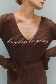 Solid Color V-neck Long-sleeved Slim-fit Elegant Knit Maxi Dress