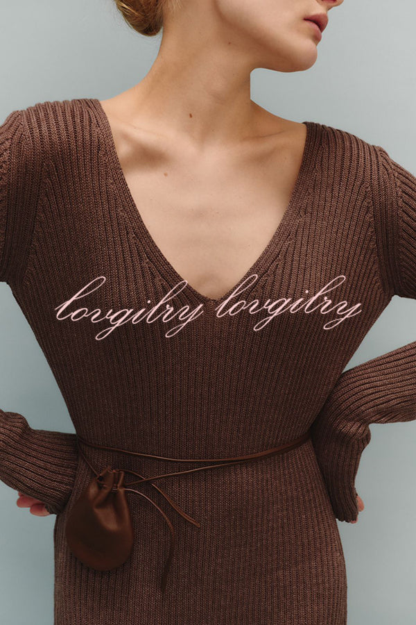 Solid Color V-neck Long-sleeved Slim-fit Elegant Knit Maxi Dress