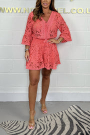Emilee Lace Tie Neck Bell Sleeve Top and Elastic Waist Loose Shorts Set