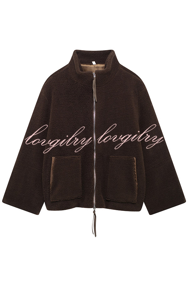 Solid Color Stitching High Collar Long Sleeve Loose Pocket Woolen Coat