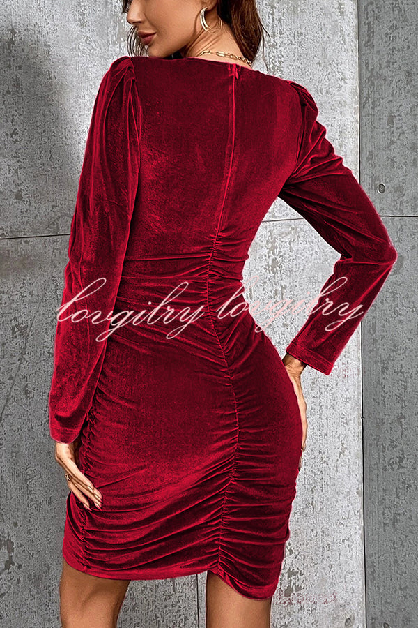 Solid Color Velvet Sexy V-neck Long Sleeve Ruched Mini Dress