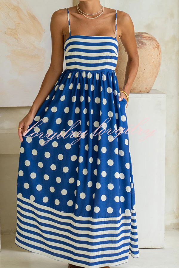 Striped Polka-dot Print Sling Pleated Open-back Maxi Dress