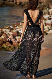 Swimsuit Partner Floral Lace Elastic Waist Back Ruffles Slit Vacation Dress