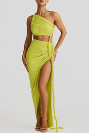 Juliana Rope Detail Ruched One Shoulder Cutout Stretch Maxi Dress