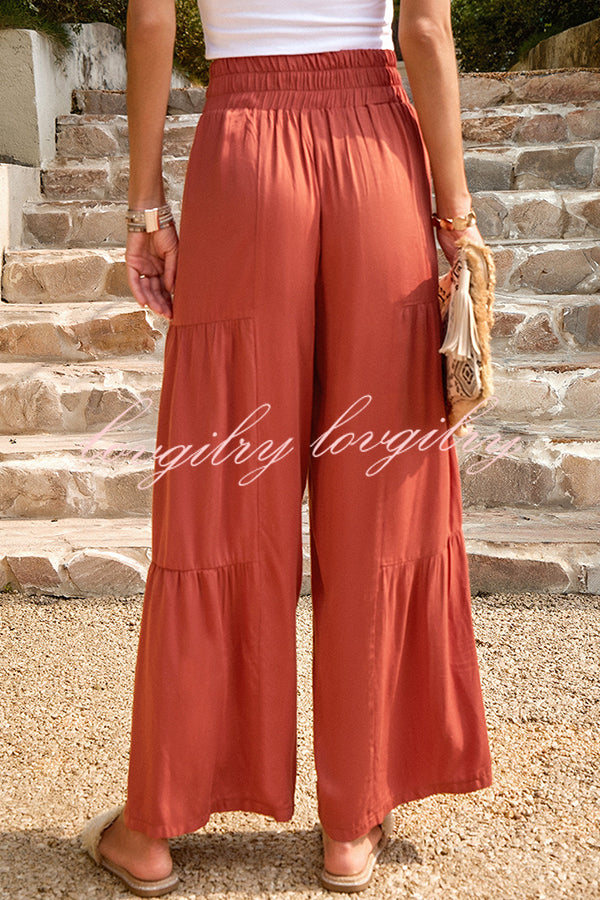 Rustic Patchwork Lace Up Pleated Wide Leg Pants