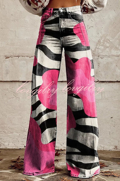 Beautiful Unique Print Button Pocket Wide Leg Pants