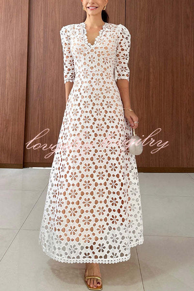 Best Day Ever Crochet Floral Lace Puff Sleeve Lined Maxi Dress