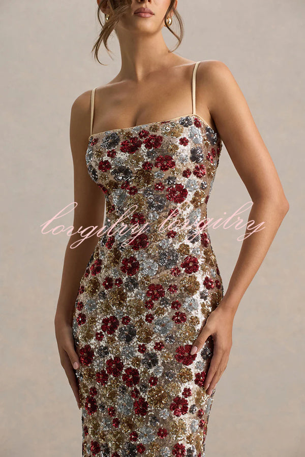 The Center of Attention Floral Print Sequin Square Neck Slip Stretch Maxi Dress