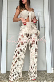 Riley Knit Front Knot Bandeau and Stretch Hollow Out Wide Leg Pants Set