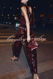 Gala Goddess Sequin High Rise Zipper Waist Wide Leg Pants