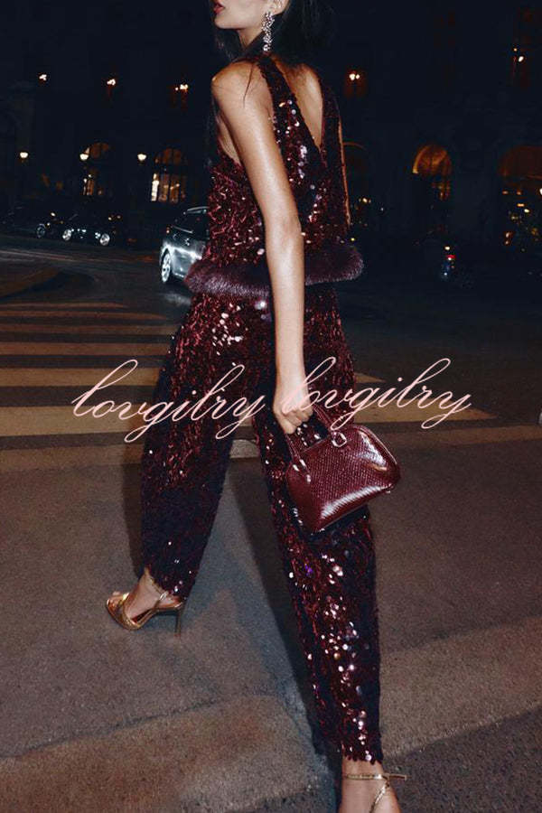 Gala Goddess Sequin High Rise Zipper Waist Wide Leg Pants
