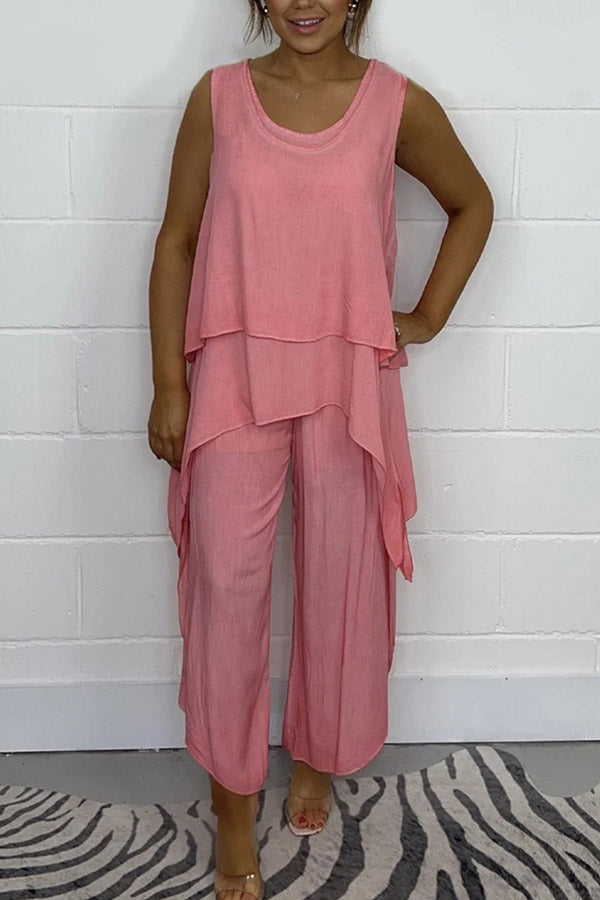 Solid Color Round Neck Sleeveless Irregular Loose Top and Elastic Waist Wide Leg Pants Set