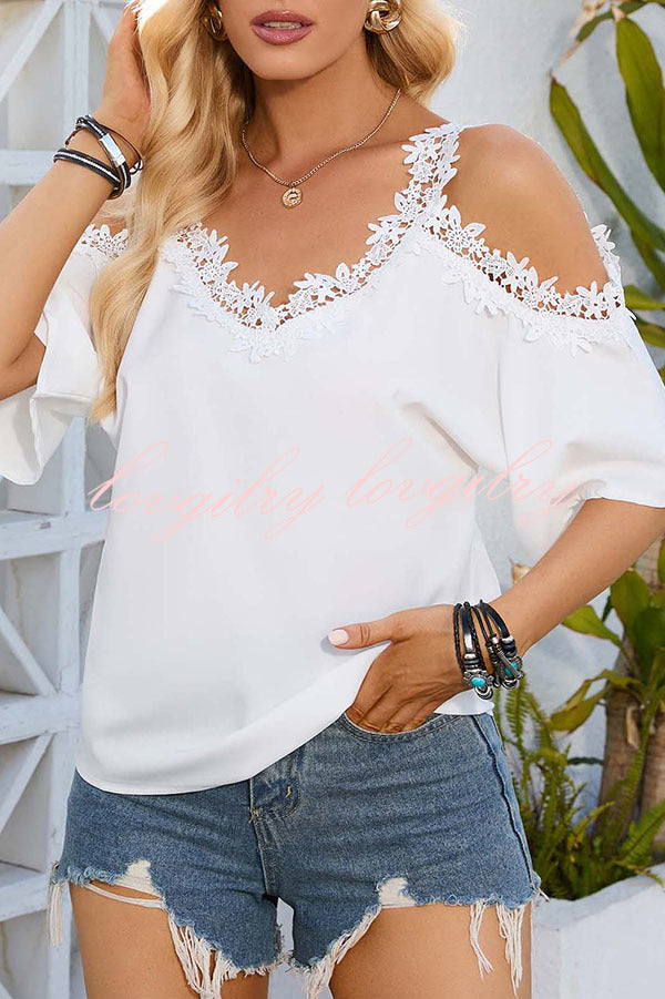 Azra V-neck Lace Floral Trim Cold Shoulder Loose Shirt