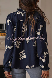 Floral Embroidery Long-Sleeved Button-Up Elegant Shirt