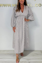 Striped Print V-Neck Long Sleeve Casual Loose Maxi Dress