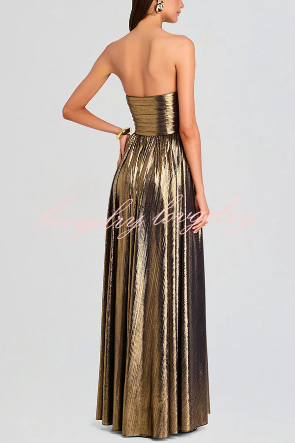 Goddess Temperament Metallic Pleated Fabric Off Shoulder Slit Maxi Dress