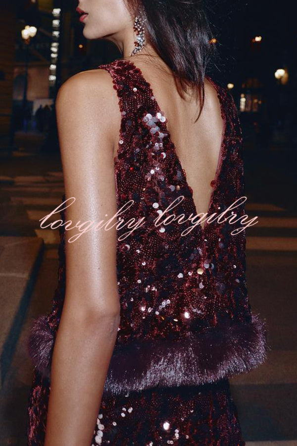 Gala Goddess Sequin Faux Fur Trim Crew Neck Sleeveless Loose Top